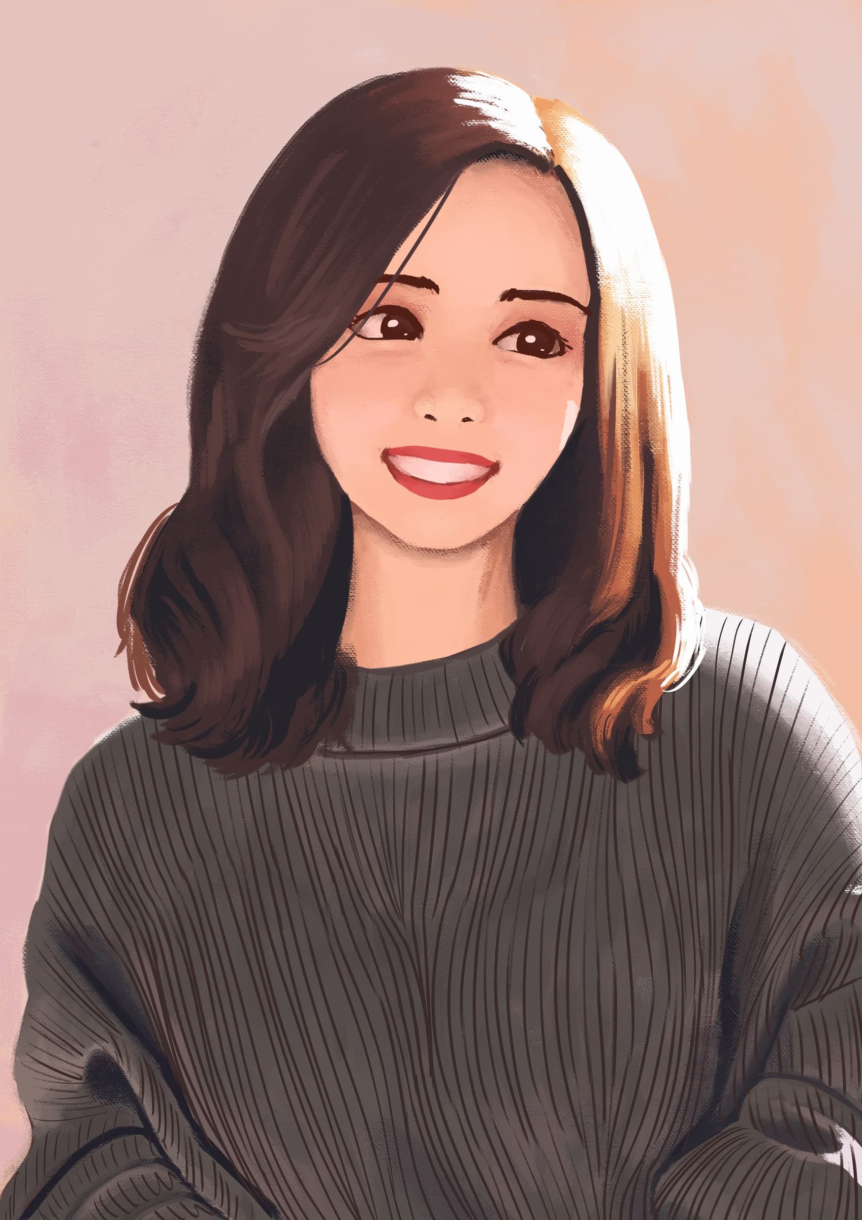 Illustrated portrait by Roksana Silaczewska — a young woman with shoulder-length dark hair smiling warmly, in a stylized digital painting.
