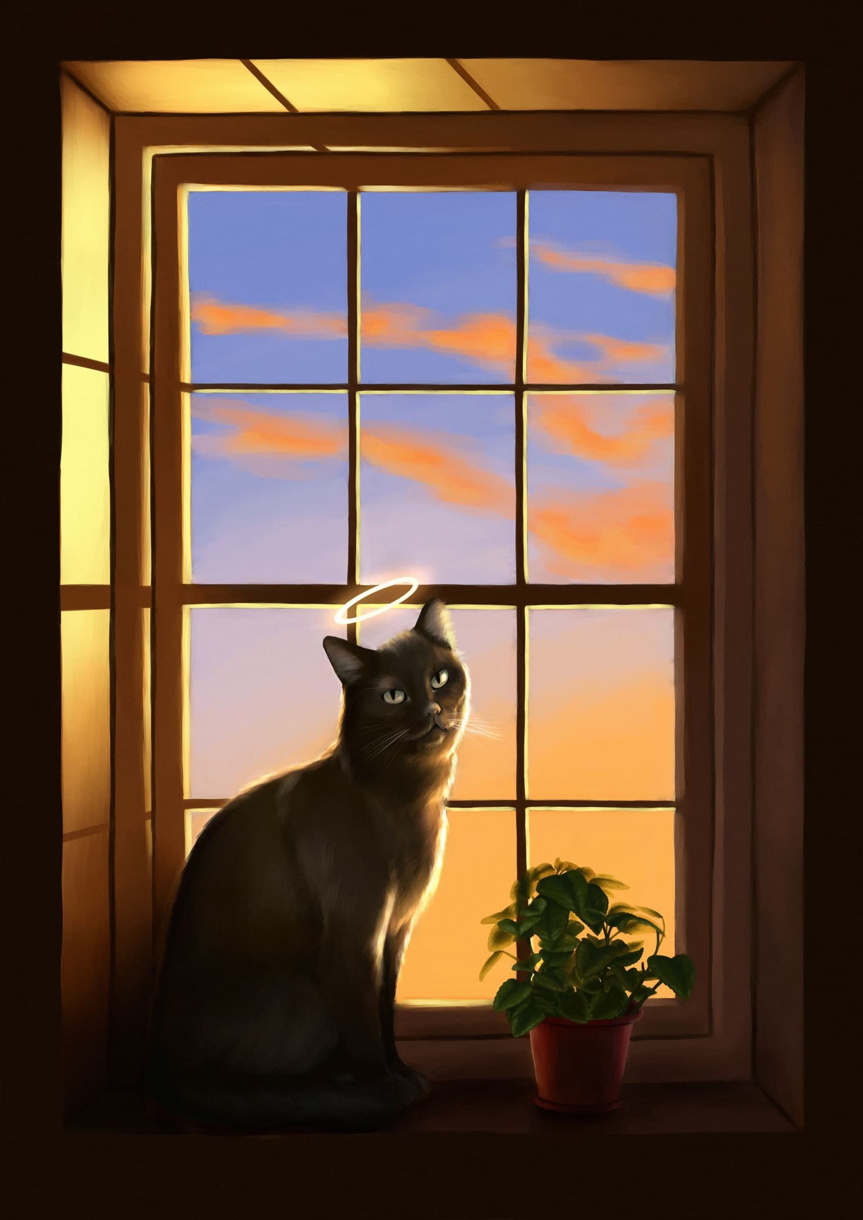 Atmospheric digital painting of a black cat with a faint halo, silhouetted against a warm sunset through a windowpane.