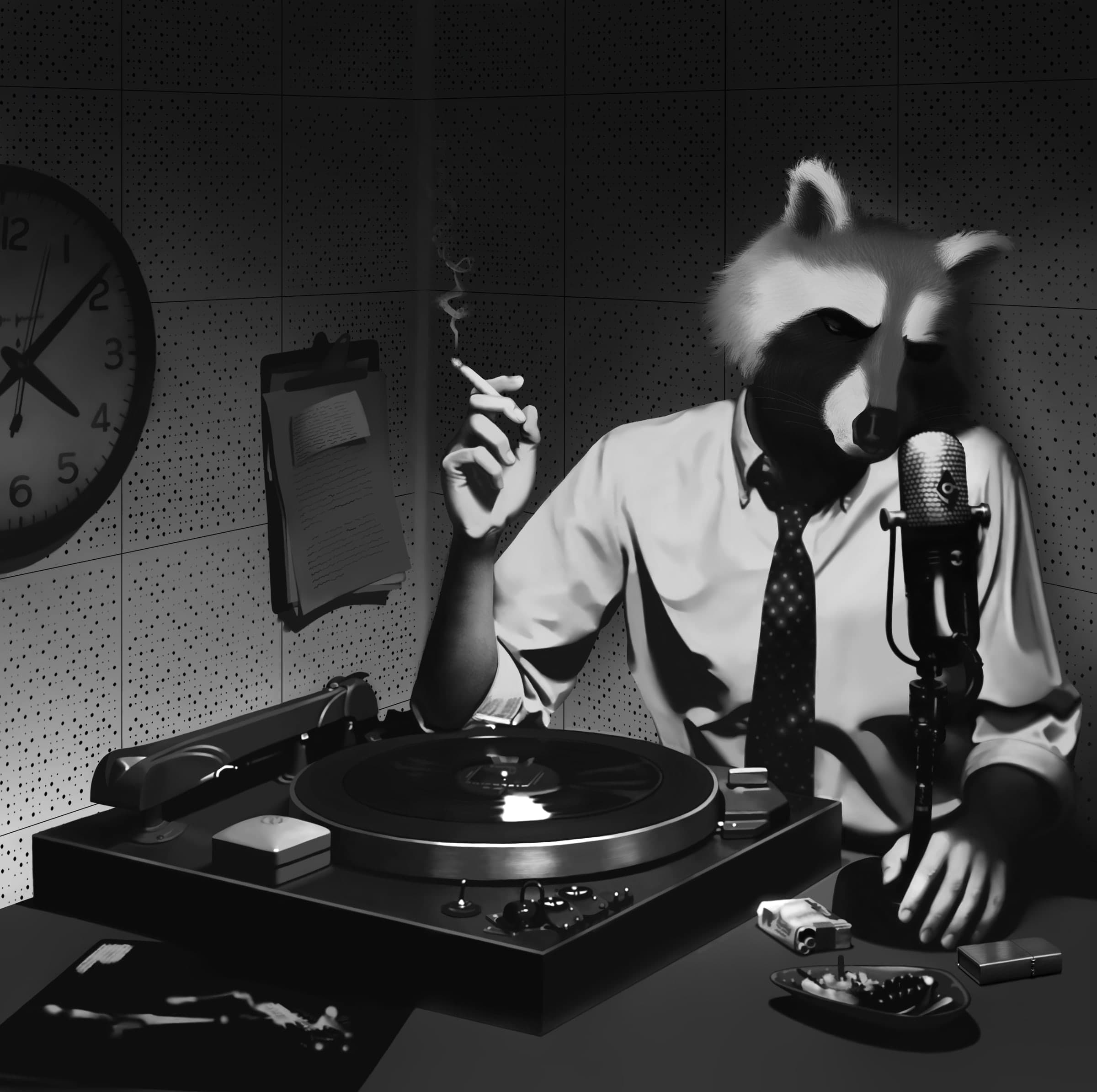 Black and white surreal illustration of a raccoon-headed figure smoking at a vintage radio station with a turntable and microphone.