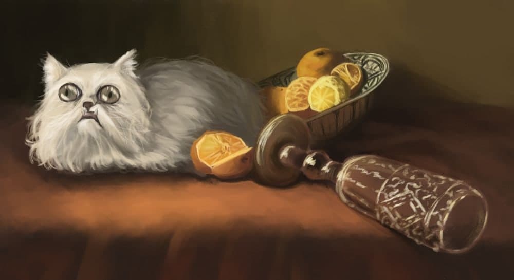 Classical-style digital still life painting featuring a fluffy white cat beside a bowl of citrus fruit and a tipped wine glass.