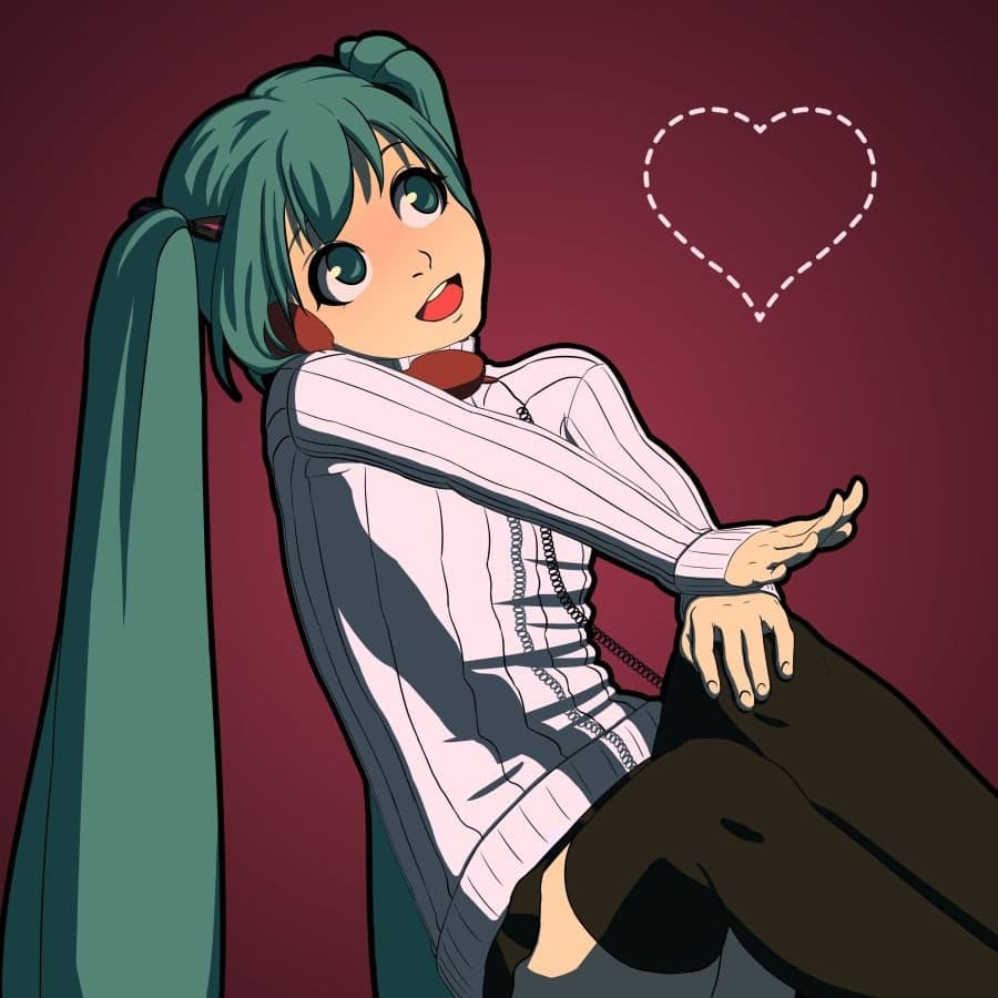 Anime-style vector illustration of a character with long teal hair sitting against a deep red background, accompanied by a dashed heart.