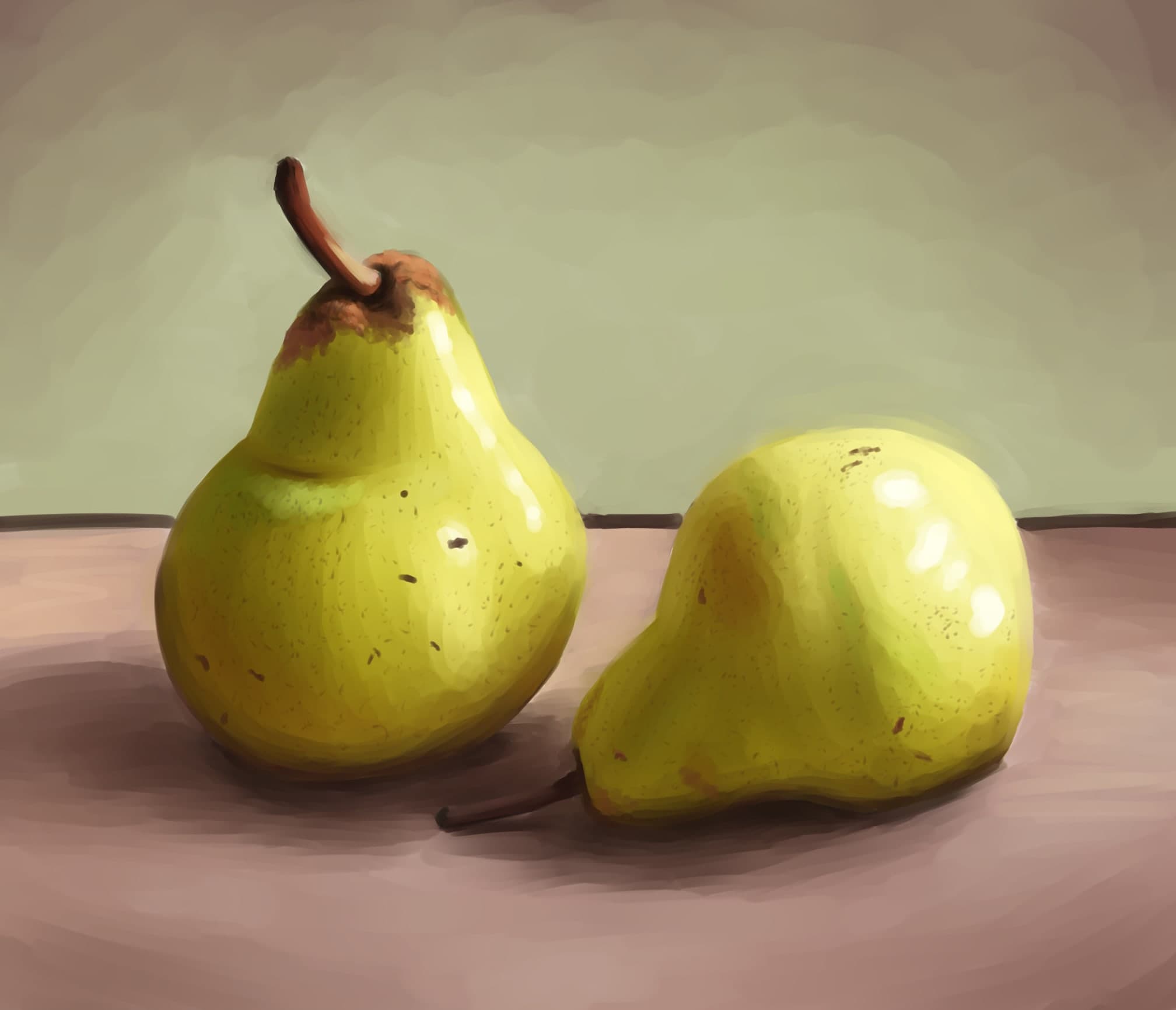 Painterly still life of two ripe yellow-green pears resting on a warm surface against a sage background.