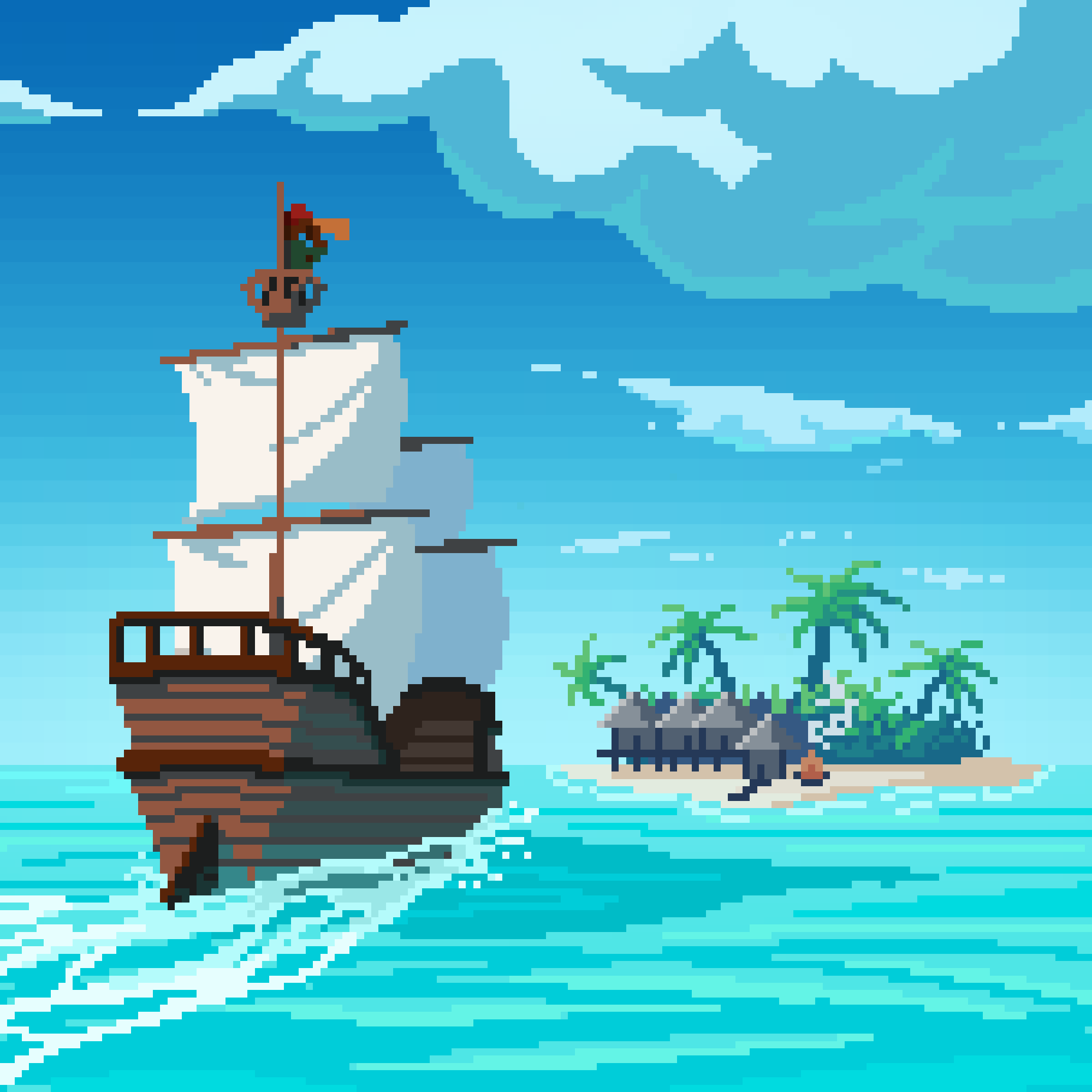 Pixel art scene of a wooden sailing ship cruising past a small tropical island with palm trees under a bright blue sky.